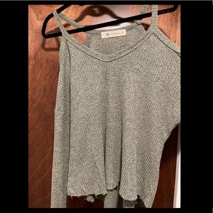 Light Green cold shoulder sweater with raw hem